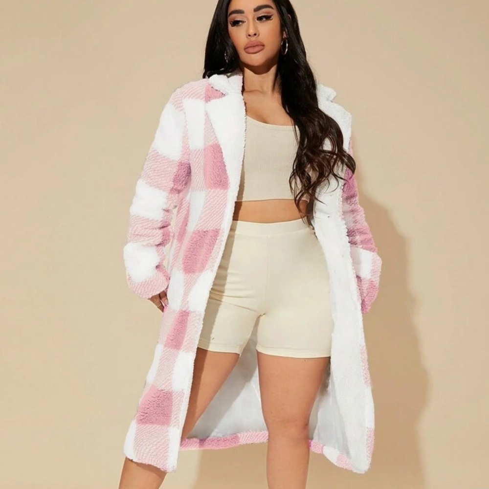 Pink and White Checkered Long flannel Coat